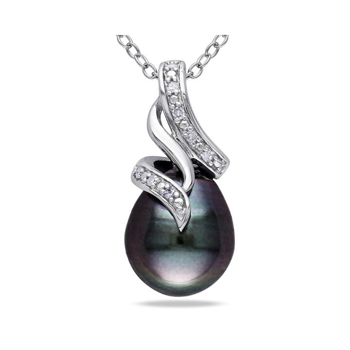 Black Tahitian Pearl & Diamond Accent Sterling Silver Pendant