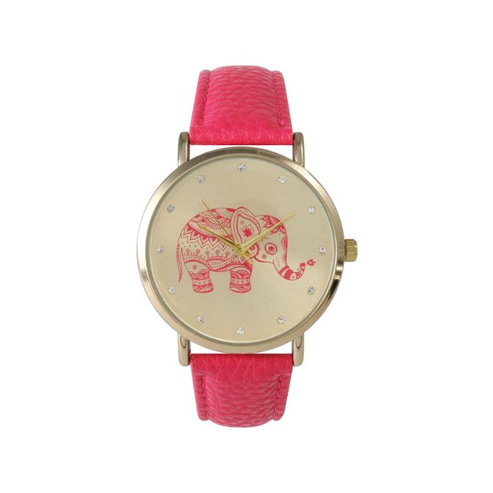 Olivia Pratt Womens Rhinestone Accent Elephant Dial Hot Pink Leather Watch 26411hot Pink