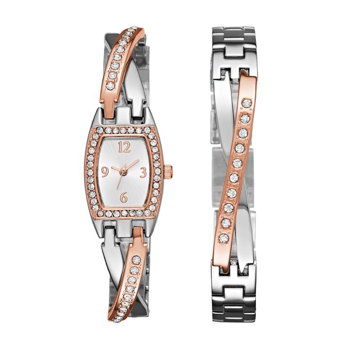 Geneva Womens Rose Gold And Silver-tone Bangle Watch Boxed Set
