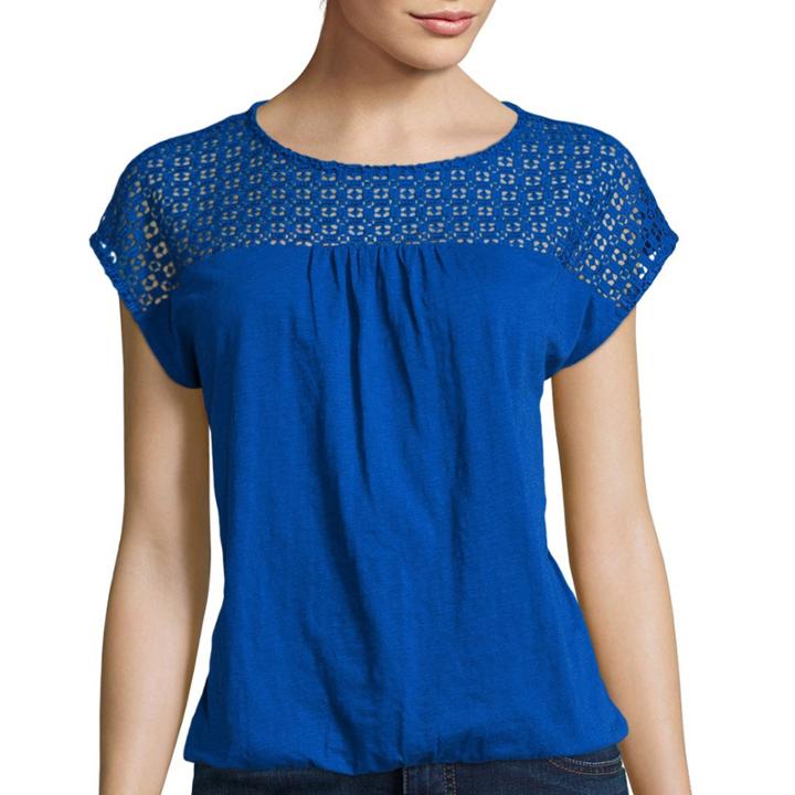 St. John's Bay Short-sleeve Eyelet Yoke Top - Petite