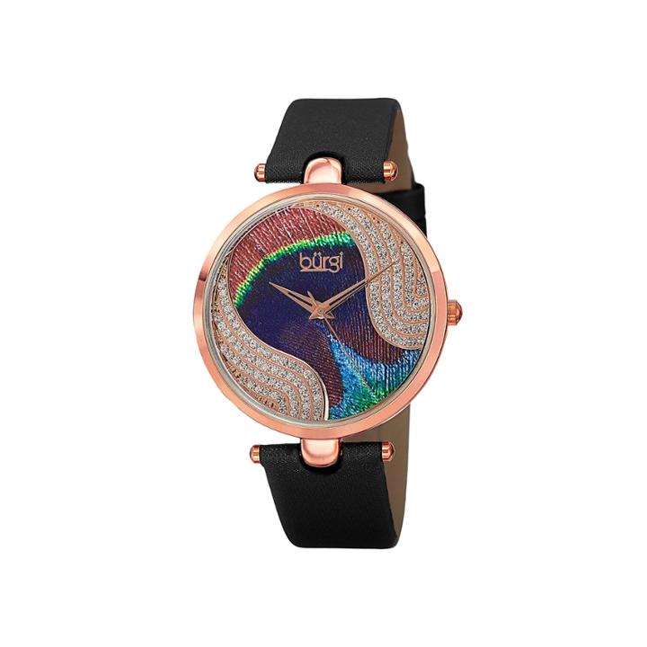 Burgi Womens Crystal Rose-tone Black Strap Watch