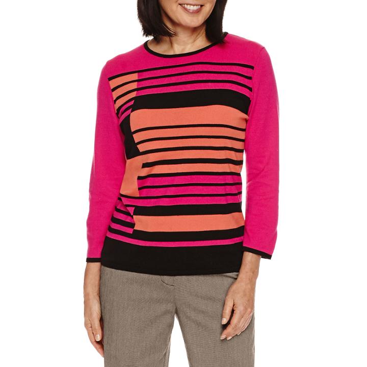 Alfred Dunner Theater District 3/4 Sleeve Stripe Colorblock Pullover Sweater