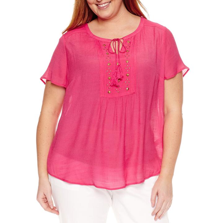 Claiborne Short Sleeve Flutter Sleeve Solid Peasant Top Plus