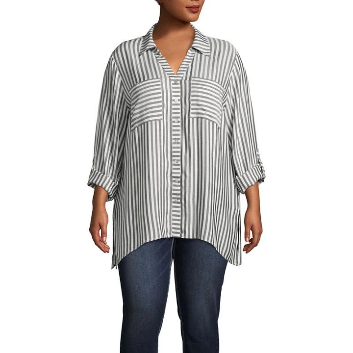 Lark Lane Ivory Coast Button Front Stripe Shirt- Plus