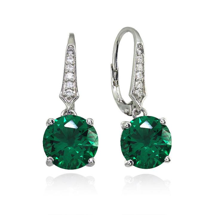 Green Emerald Sterling Silver Round Drop Earrings