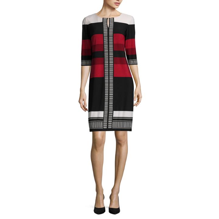 Studio 1 Elbow-sleeve Striped Border-print Shift Dress