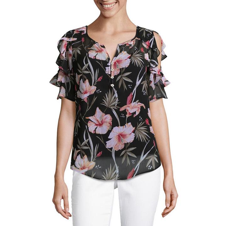 Liz Claiborne Cold Shoulder Split Crew Neck Woven Blouse