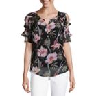 Liz Claiborne Cold Shoulder Split Crew Neck Woven Blouse