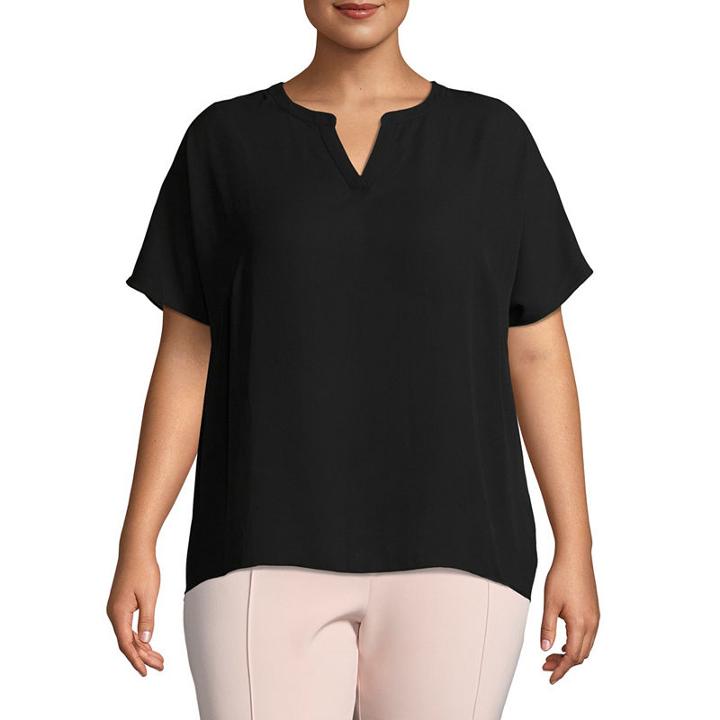 Worthington Short Sleeve Split Neck Woven Blouse - Plus