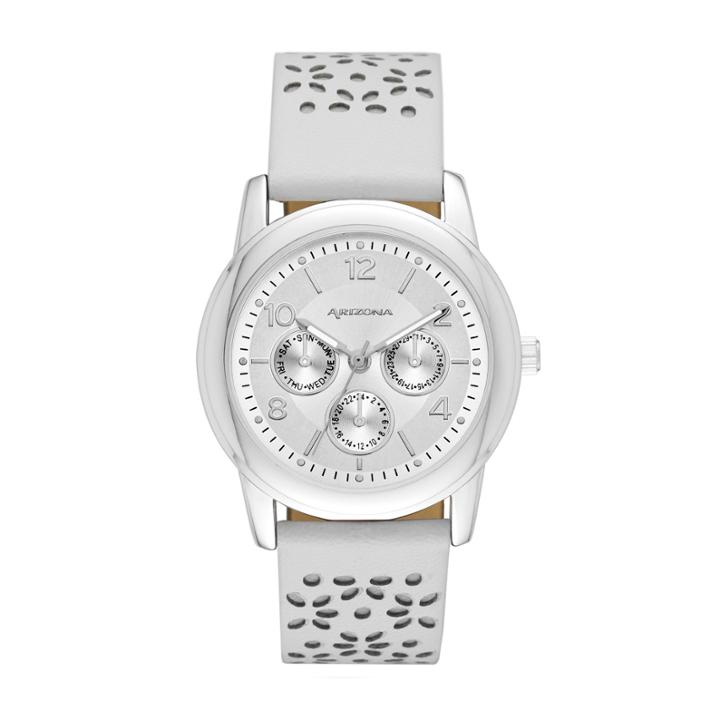 Arizona Womens Silver Tone White And Gray Strap Watch