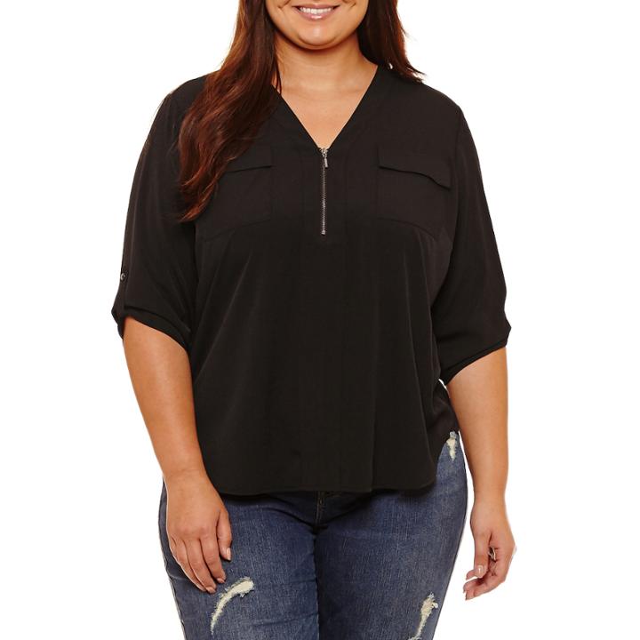 Boutique + 3/4 Sleeve Zip Front Woven Blouse-plus