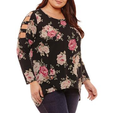 Byer California Long Sleeve Round Neck Knit Floral Blouse-plus