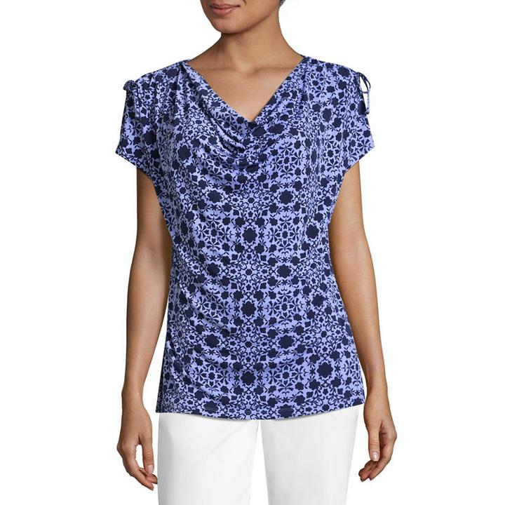 Liz Claiborne Short Sleeve Draped Neck Knit Blouse