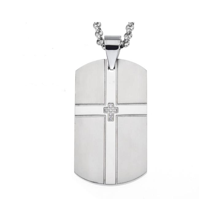 Cubic Zirconia Stainless Steel Double Cross Dog Tag Pendant