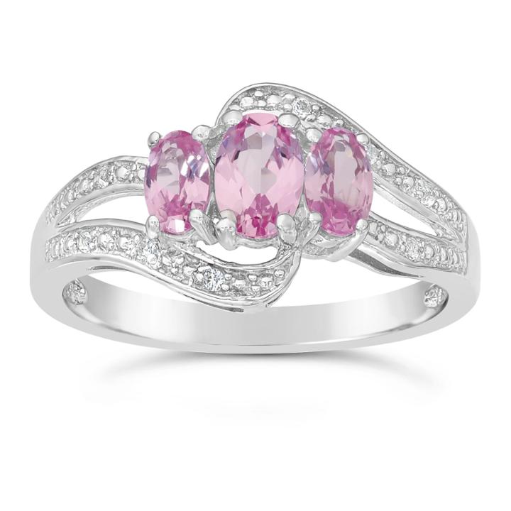 Womens Lab Created Pink Sapphire Sterling Silver 3-stone Ring