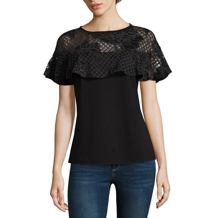 Belle + Sky Short Sleeve Mesh Ruffle Shoulder Top