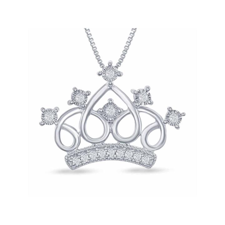 Enchanted By Disney 1/10 C.t.t.w. Cinderella Tiara Pendant Necklace In Sterling Silver