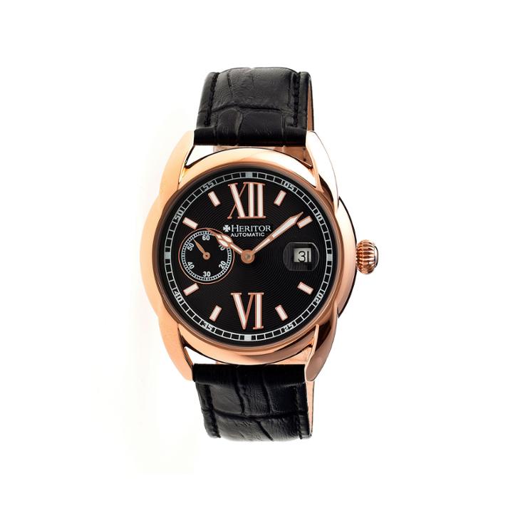 Heritor Automatic Burnell Mens Leather Date-rose Gold Tone/black/black Watch