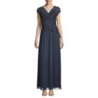 Blu Sage Short Sleeve Sequin Lace Bodice Evening Gown-petites