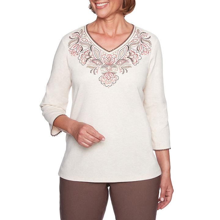 Alfred Dunner Sunset Canyon 3/4 Sleeve V Neck T-shirt-womens