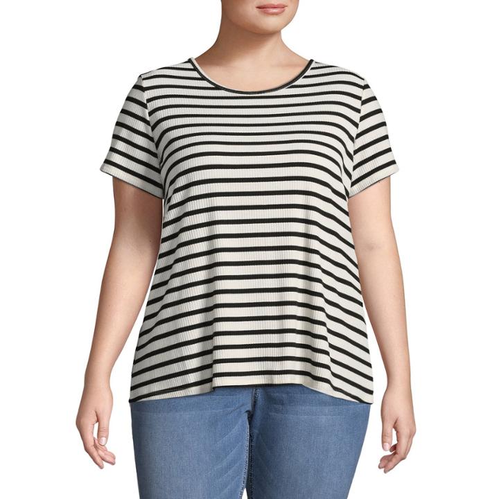 Boutique + Short Sleeve Round Neck Stripe T-shirt-womens Plus