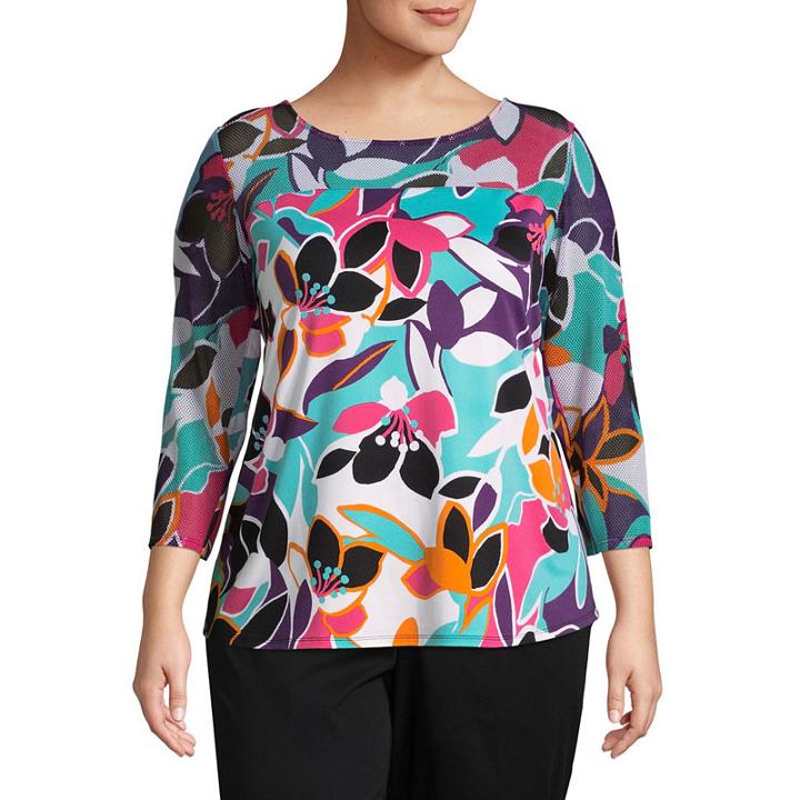 Lark Lane 3/4 Sleeve Crew Neck Knit Floral Blouse-plus