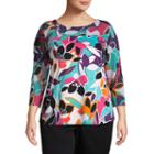 Lark Lane 3/4 Sleeve Crew Neck Knit Floral Blouse-plus