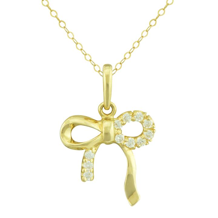 Petite Lux&trade; Cubic Zirconia 10k Yellow Gold Bow Pendant Necklace