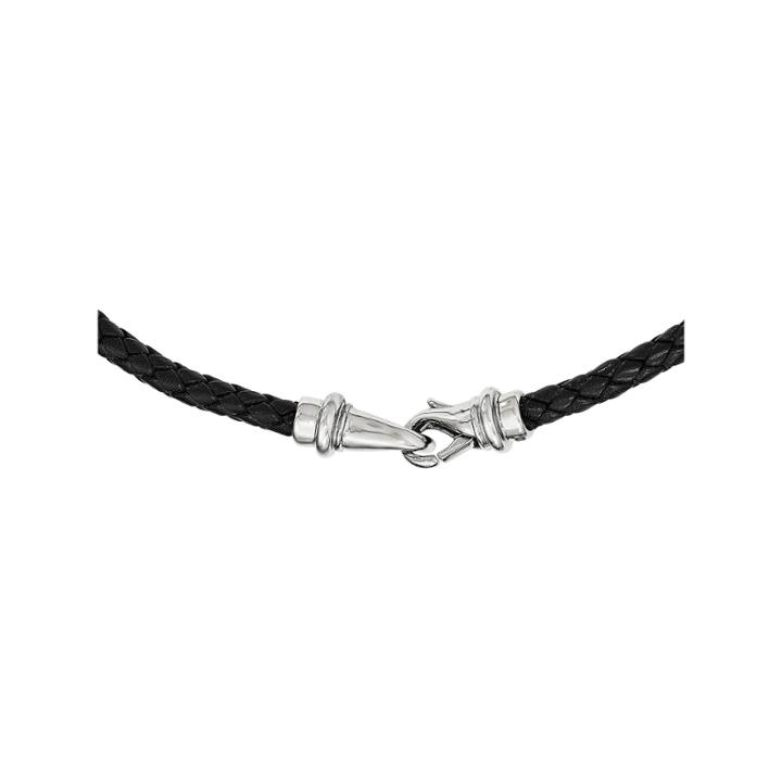 Mens Stainless Steel & Woven Black Leather Necklace