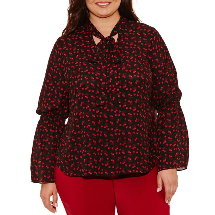 Worthington Long Sleeve V Neck Woven Blouse-plus