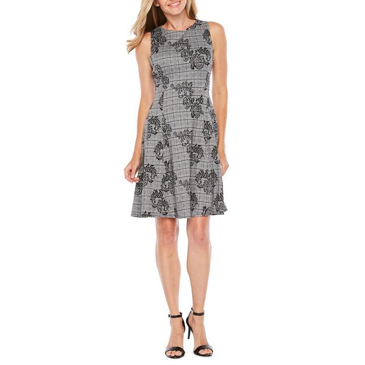 London Times Sleeveless Floral Plaid Fit & Flare Dress