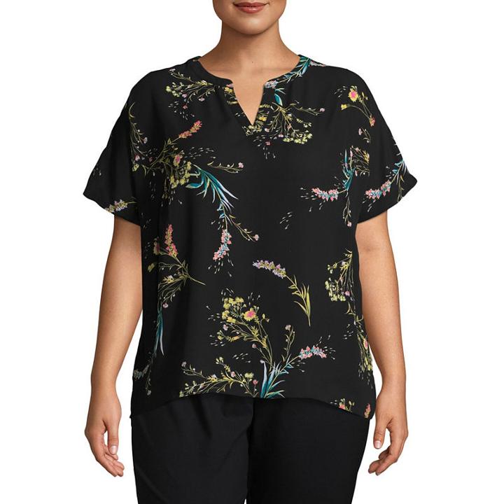 Worthington Short Sleeve Y Neck Print Woven Blouse-plus