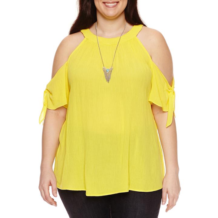 Alyx Short Sleeve Cold Shoulder Woven Blouse With Necklace-plus