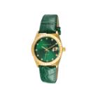 Peugeot Women's Gold Tone Coin Edge Bezel Crystal Marker Green Leather Stap Watch