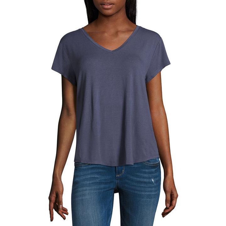 Arizona Short Sleeve V Neck Stripe T-shirt-womens Juniors