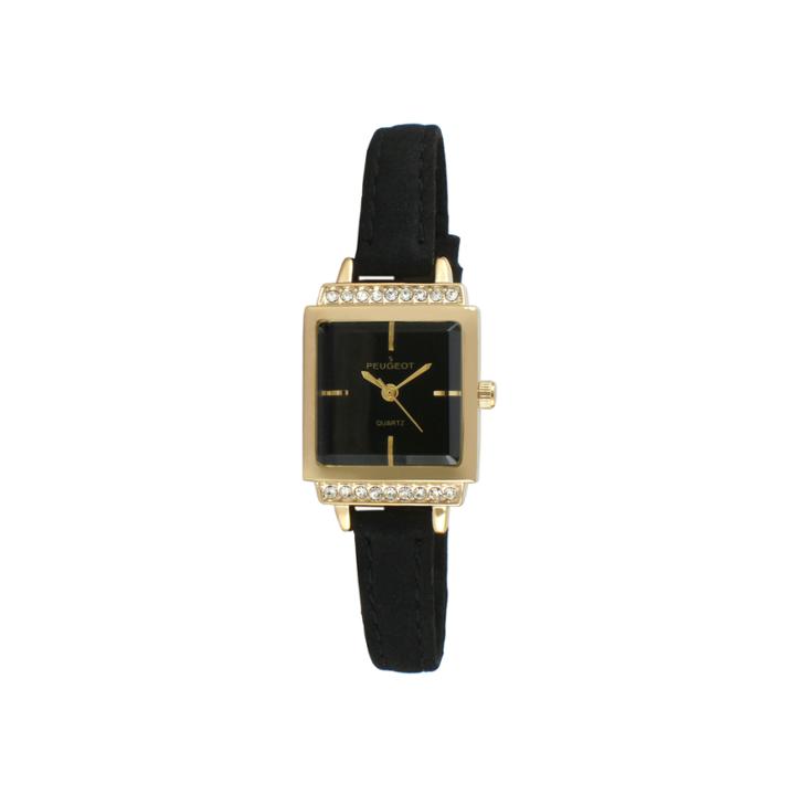 Peugeot Womens Gold Tone And Black Petite Crystal Accent Suede Strap Watch 3047gbk