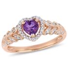 Womens Diamond Accent Genuine Amethyst Purple 10k Rose Gold Heart Cocktail Ring
