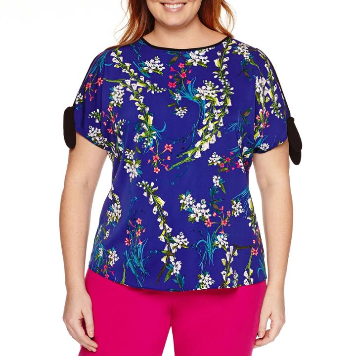 Worthington Short Tie Sleeve Cold Shoulder Blouse-plus