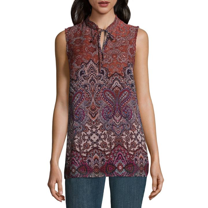 Alyx Sleeveless Split Crew Neck Woven Paisley Blouse