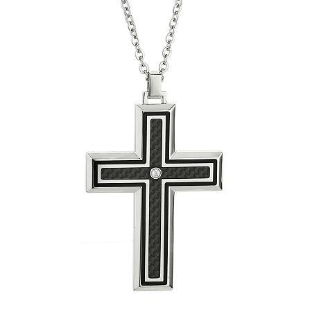 Mens Crystal Stainless Steel & Carbon Fiber Cross Pendant Necklace