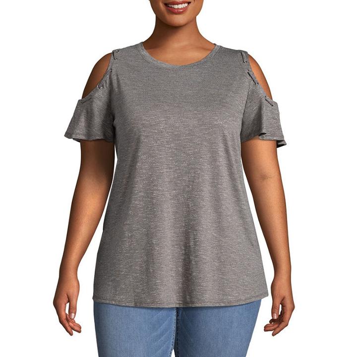 Bold Elements Cold Shoulder Sleeve Round Neck Woven Blouse-plus