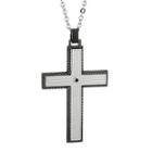 Mens Black Cubic Zirconia Gray Ion-plated Stainless Steel Cross Pendant Necklace