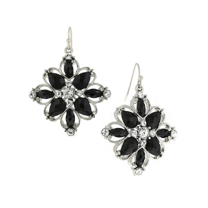 1928 Jewelry Silver-tone Black Stone And Crystal Flower Drop Earrings