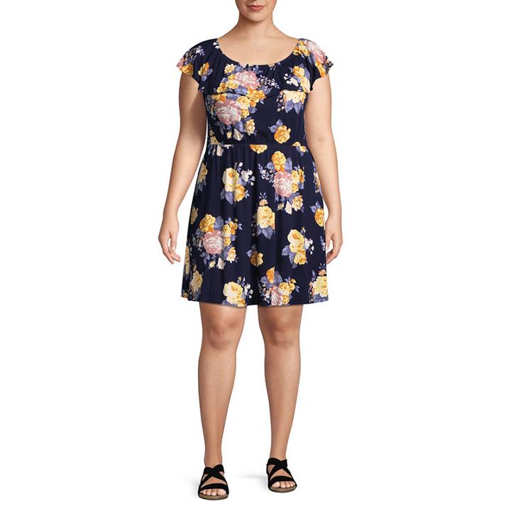 Arizona Short Sleeve Floral A-line Dress-juniors Plus