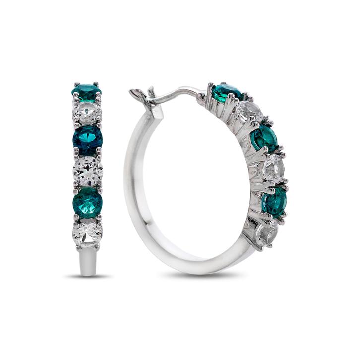Lab-created Emerald & White Sapphire Sterling Silver Hoop Earrings