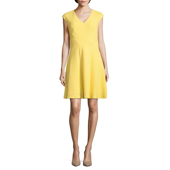 London Style Short Sleeve Jacquard Fit & Flare Dress-petites