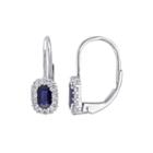Genuine Blue And White Sapphire Halo Leverback Drop Earrings
