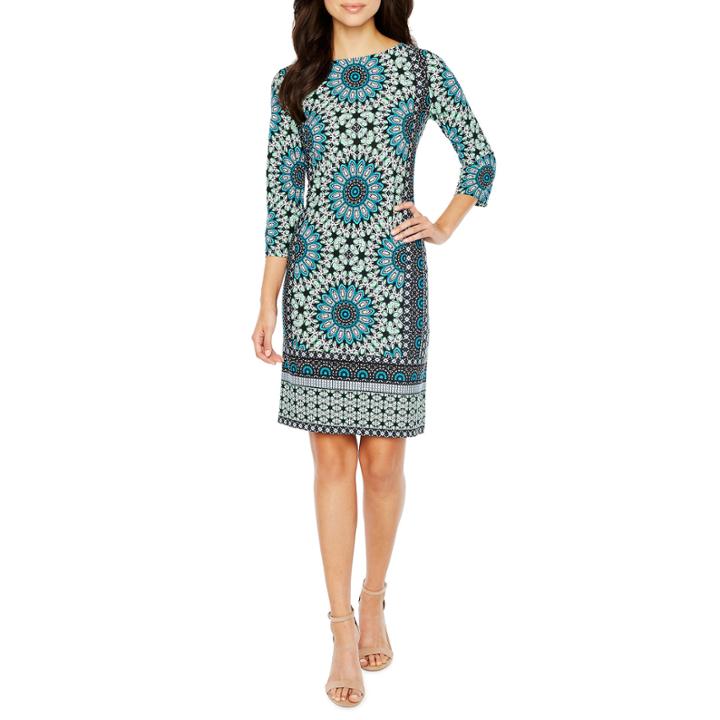 London Style 3/4 Sleeve Medallion Shift Dress