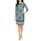 London Style 3/4 Sleeve Medallion Shift Dress