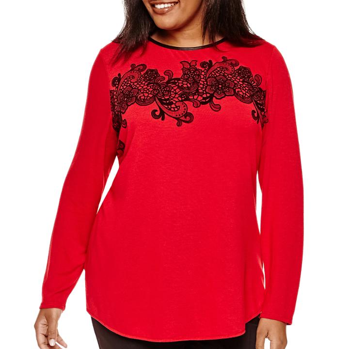 Worthington Long-sleeve Flocked T-shirt - Plus